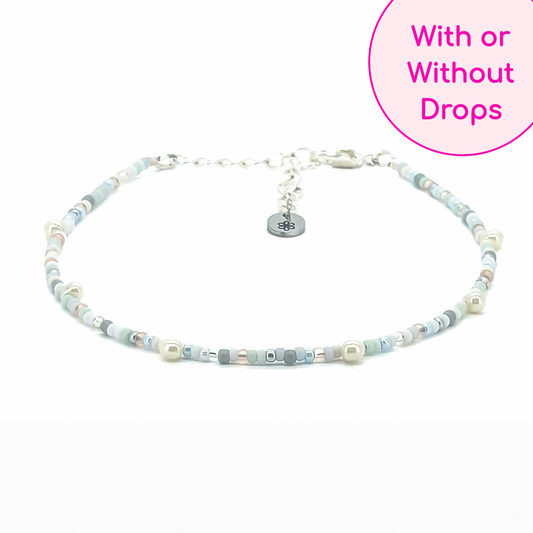 Anklet - Pale Blue, White, Silver w/ White Drop Beads - creations by cherie