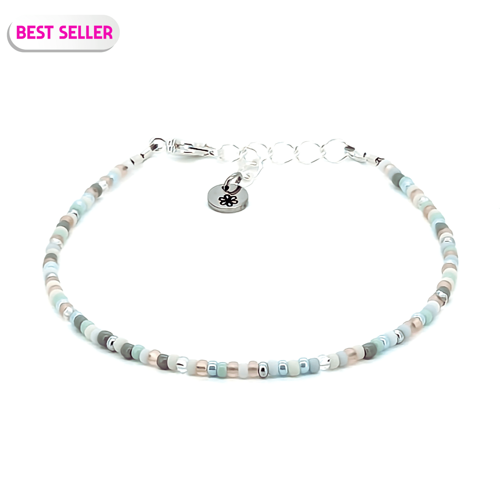 Dainty bracelet - Pale blue, white and silver seed bead bracelet