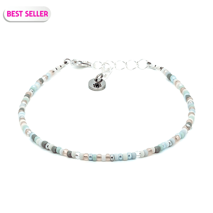 Dainty bracelet - Pale blue, white and silver seed bead bracelet