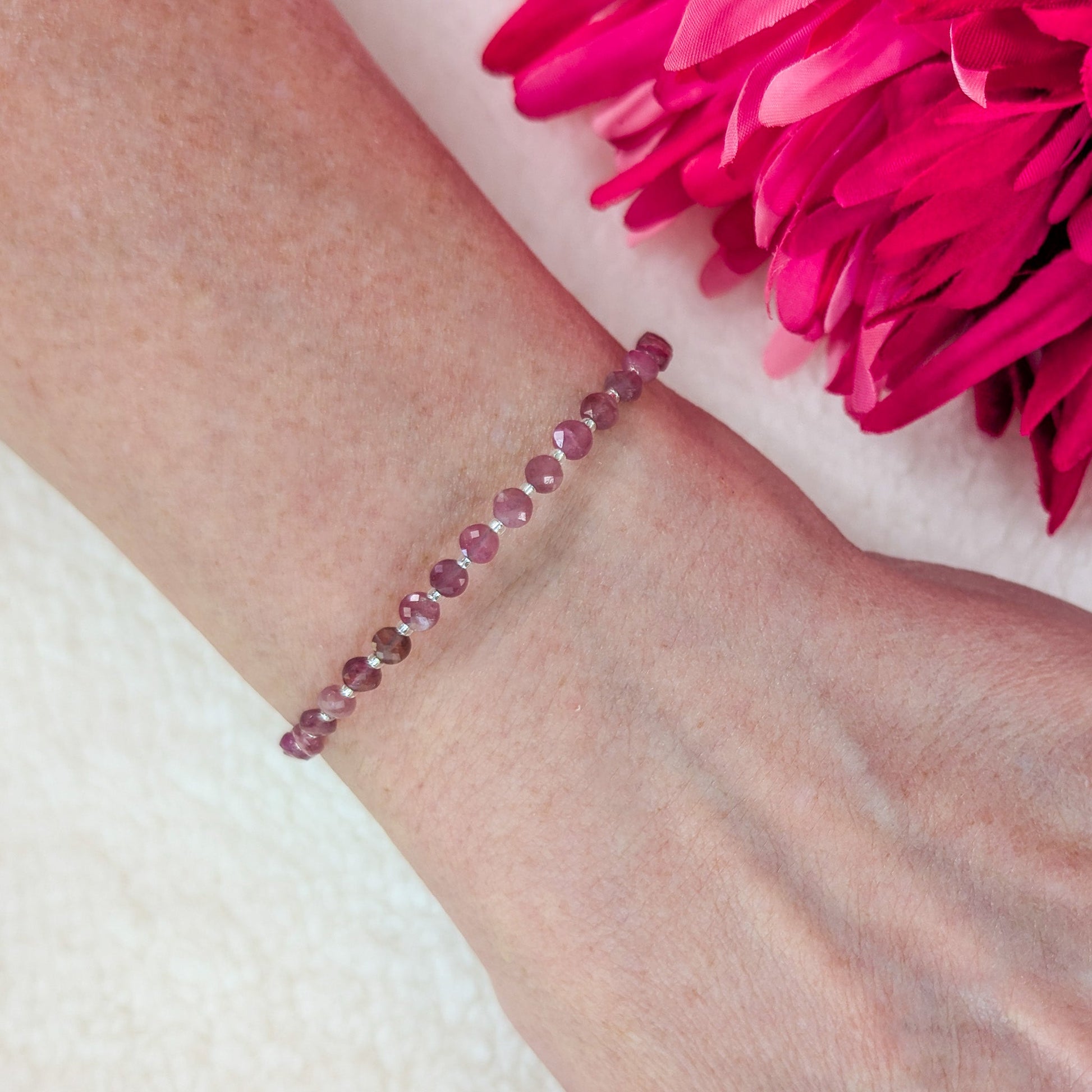 Dainty Gemstone Bracelet - October Birthstone - Pink Tourmaline in Silver - creations by cherie