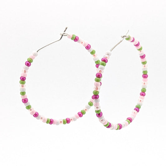 Hoop Earrings - Sterling Silver - Pink, Green, and White - creations by cherie
