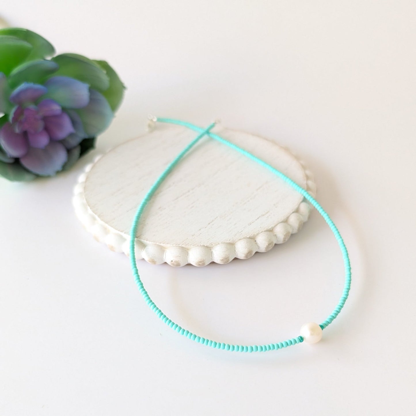 Single Pearl and Seed Bead Necklace - Pale Green - creations by cherie