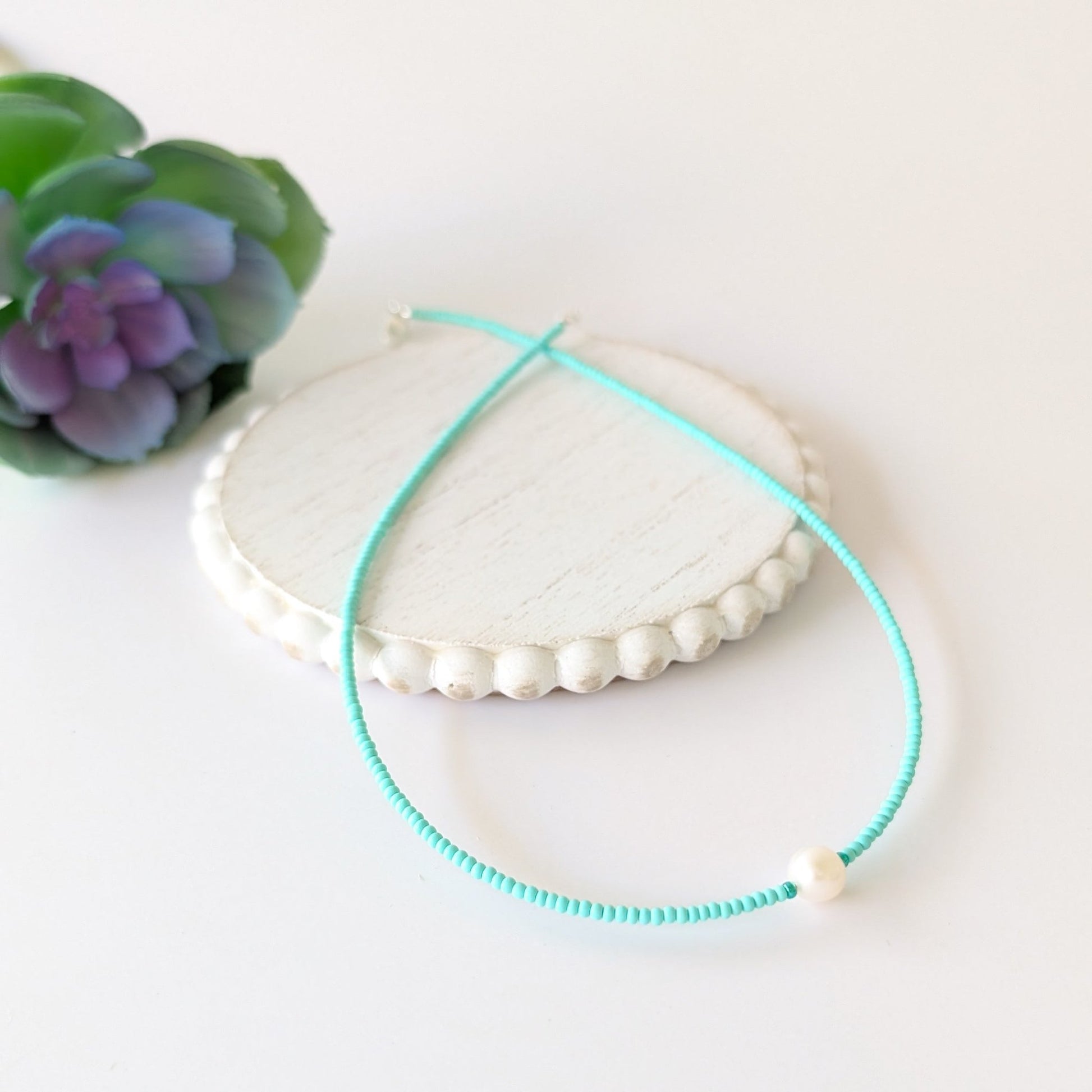 Single Pearl and Seed Bead Necklace - Pale Green - creations by cherie