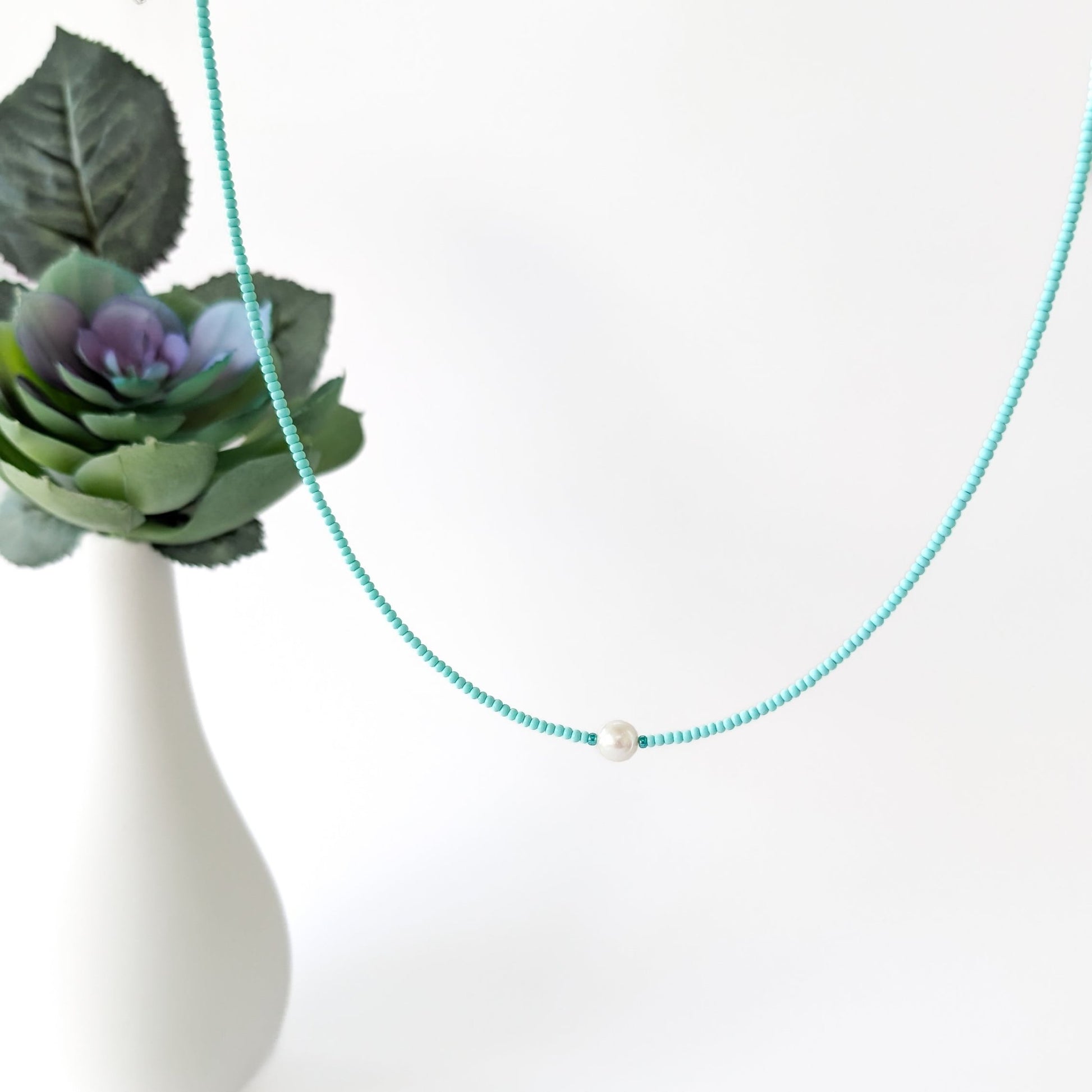 Single Pearl and Seed Bead Necklace - Pale Green - creations by cherie