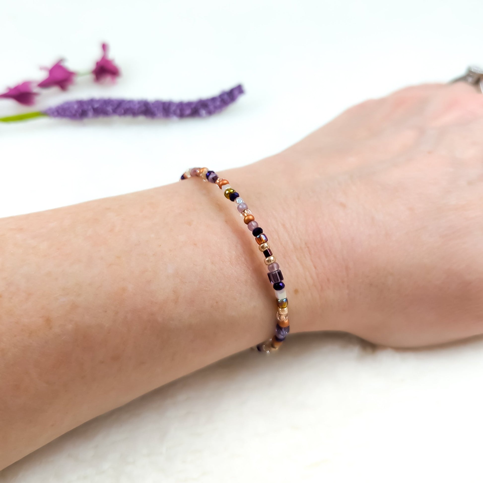 Assorted shaped glass seed beads - Copper and Purple bracelet - creations by cherie