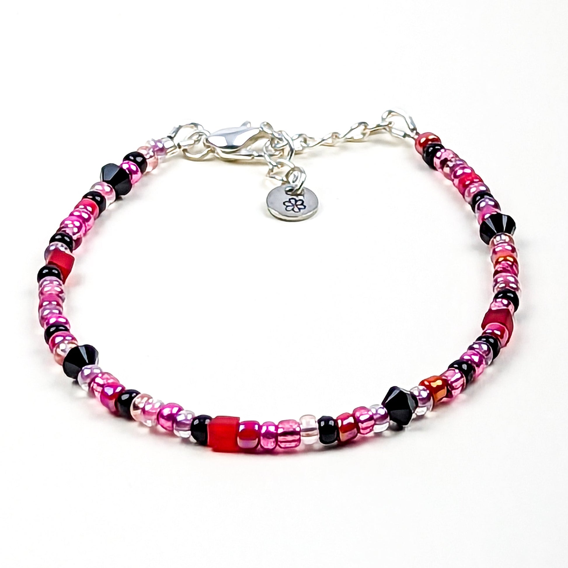 Assorted shaped glass seed beads - Red, Pink and Black bracelet - creations by cherie