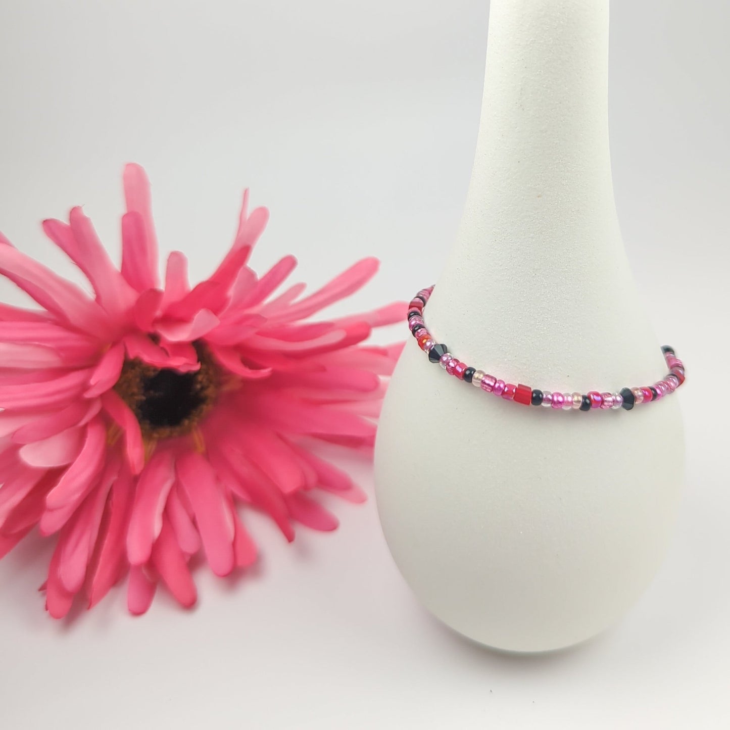 Assorted shaped glass seed beads - Red, Pink and Black bracelet - creations by cherie