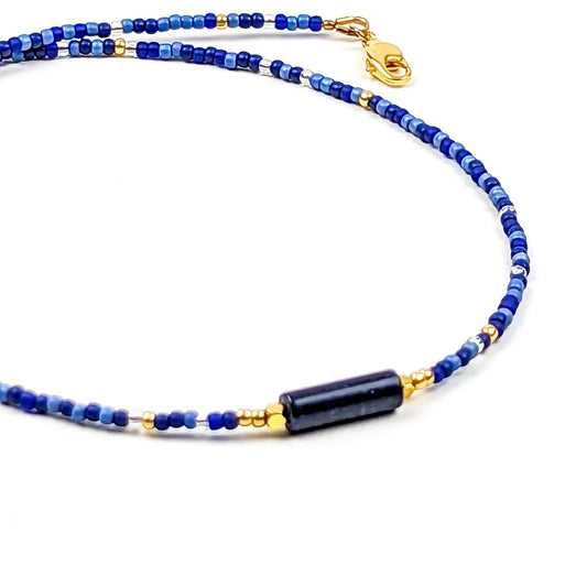 Blue glass bead handmade choker with blue sandstone bar focal - creations by cherie