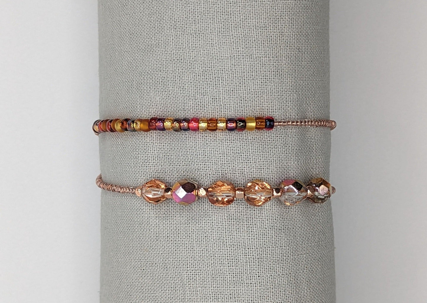 Copper colored fire polished beads and glass bead double wrap handmade bracelet - creations by cherie