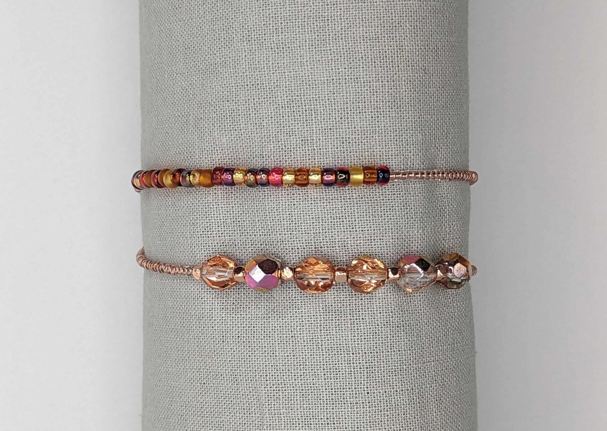 Copper colored fire polished beads and glass bead double wrap handmade bracelet - creations by cherie
