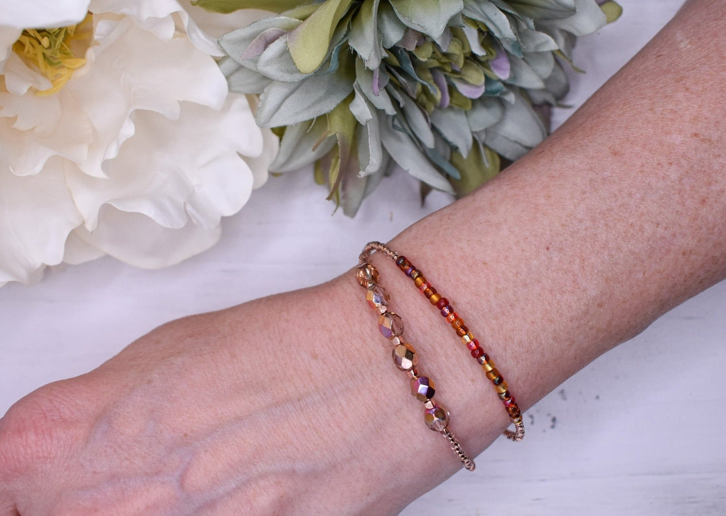 Copper colored fire polished beads and glass bead double wrap handmade bracelet - creations by cherie