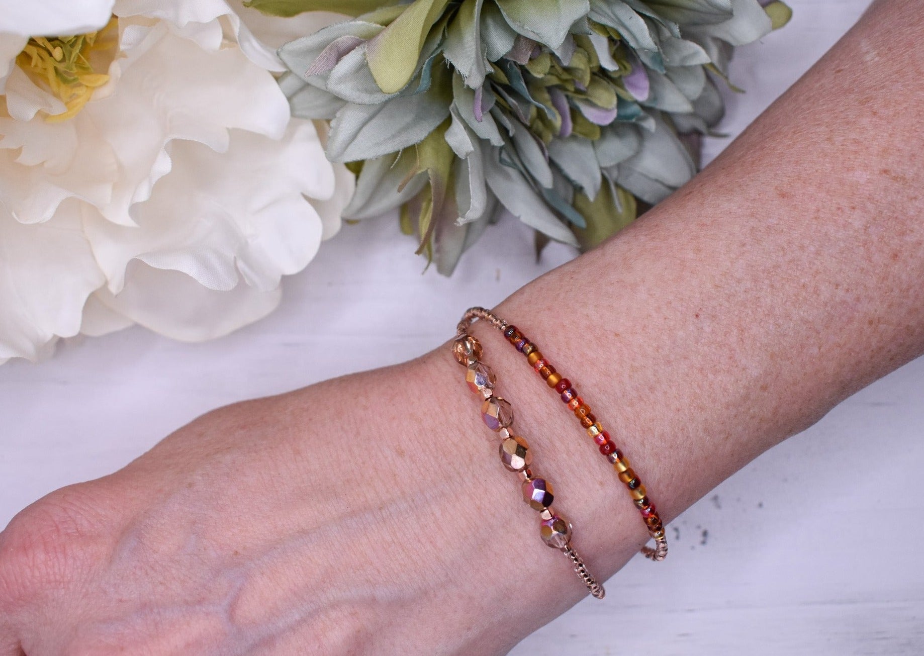 Copper colored fire polished beads and glass bead double wrap handmade bracelet - creations by cherie