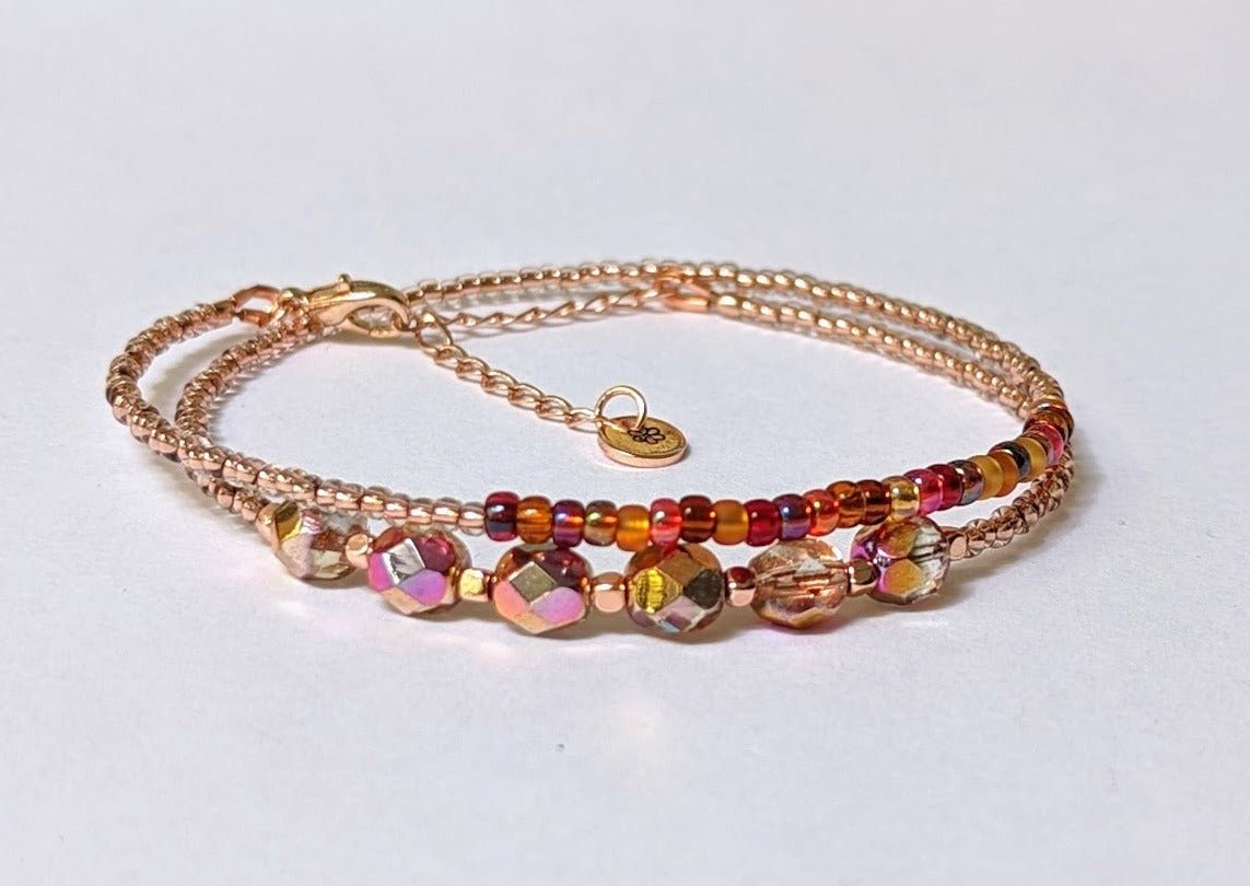 Copper colored fire polished beads and glass bead double wrap handmade bracelet - creations by cherie