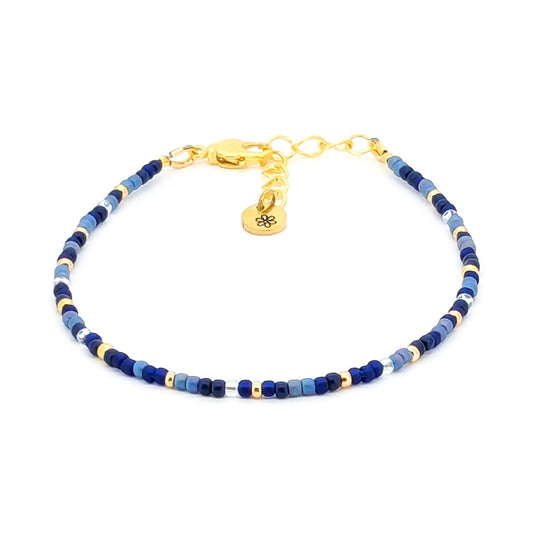 Dainty bracelet - blue and gold seed bead bracelet - creations by cherie