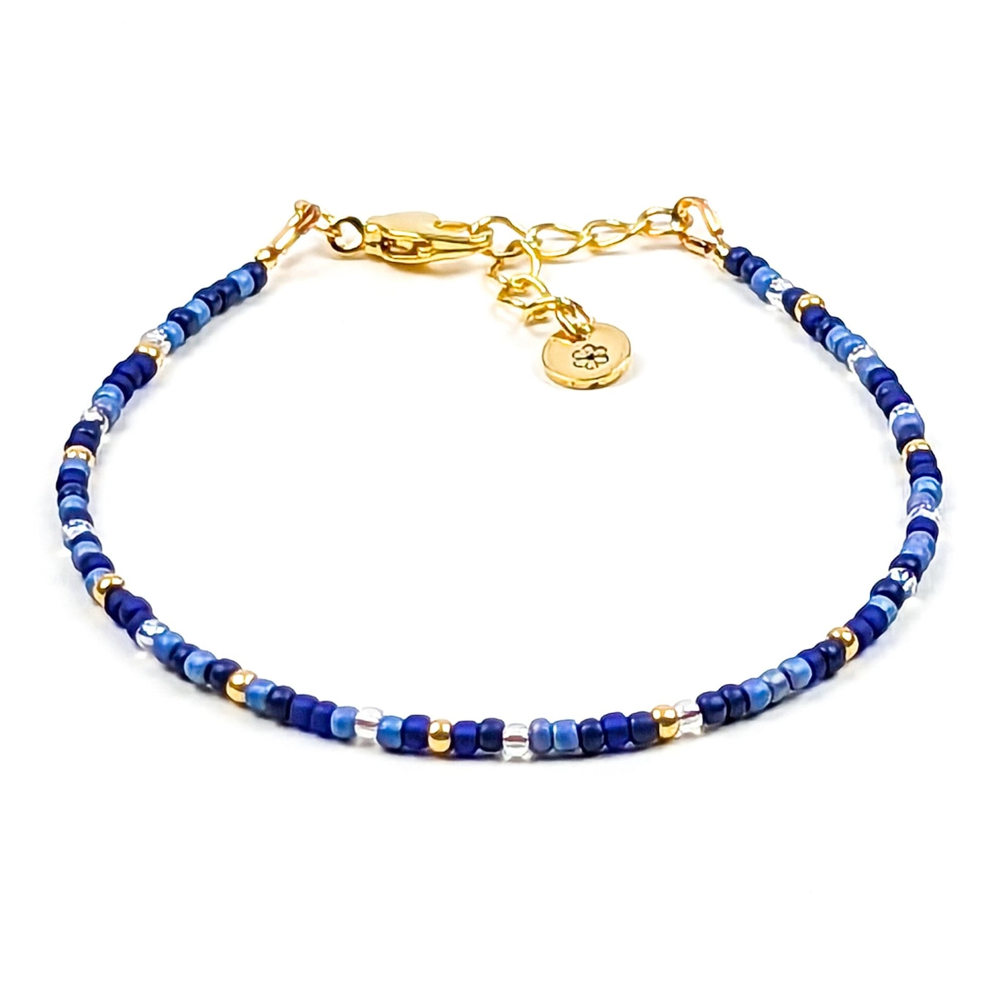 Dainty bracelet - blue and gold seed bead bracelet - creations by cherie