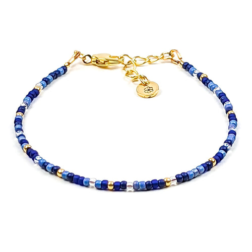 Dainty bracelet - blue and gold seed bead bracelet - creations by cherie
