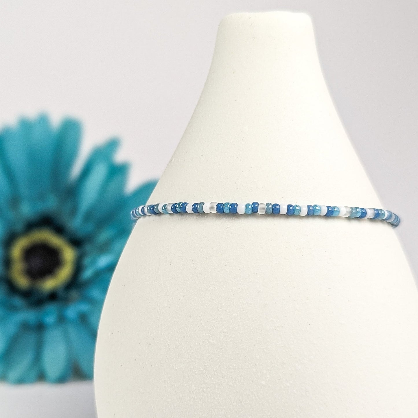 Dainty bracelet - blue and white seed beads - creations by cherie