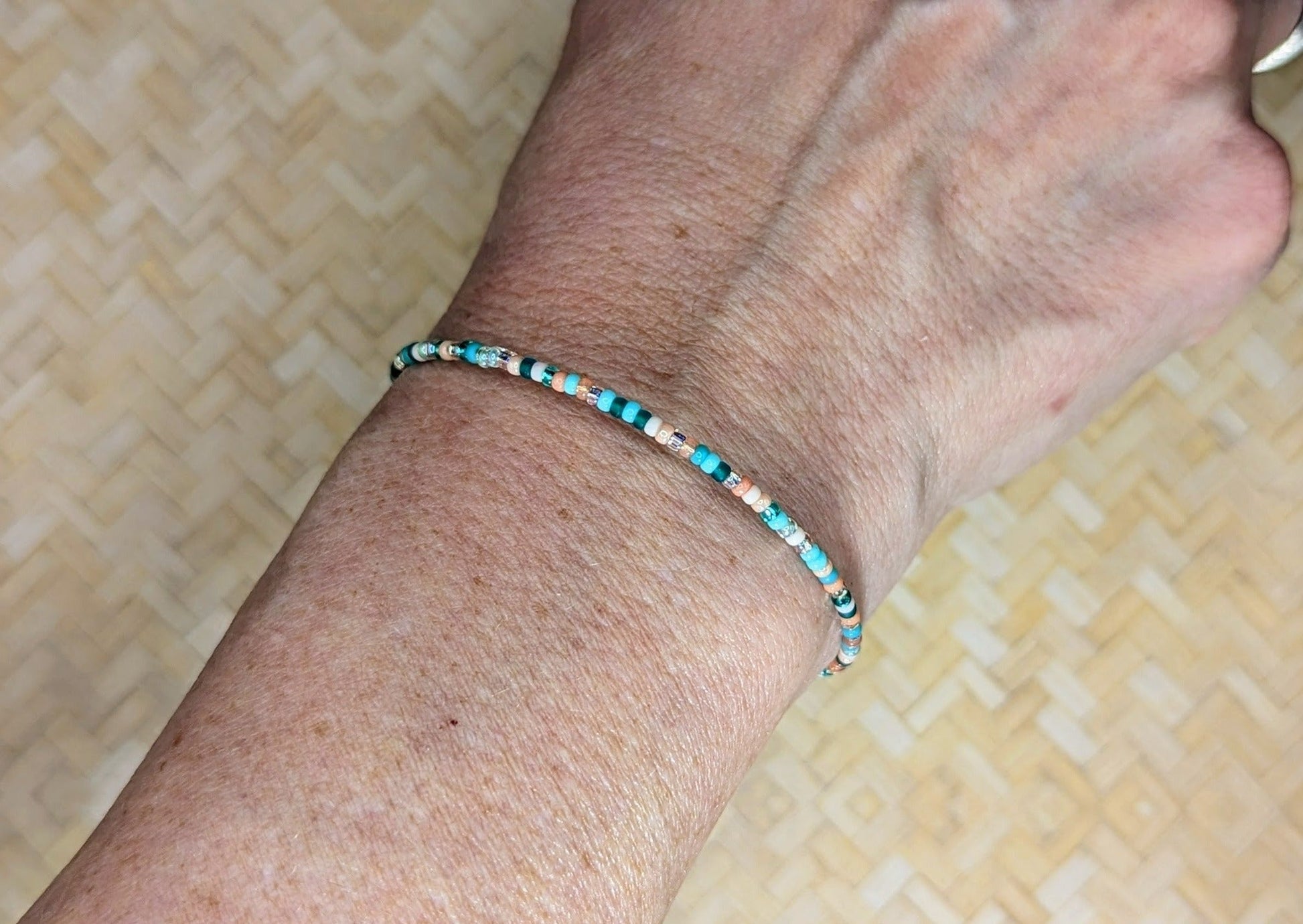 Dainty bracelet - green and peach glass beads - creations by cherie