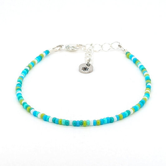 Dainty bracelet - green, blue and white seed beads - creations by cherie