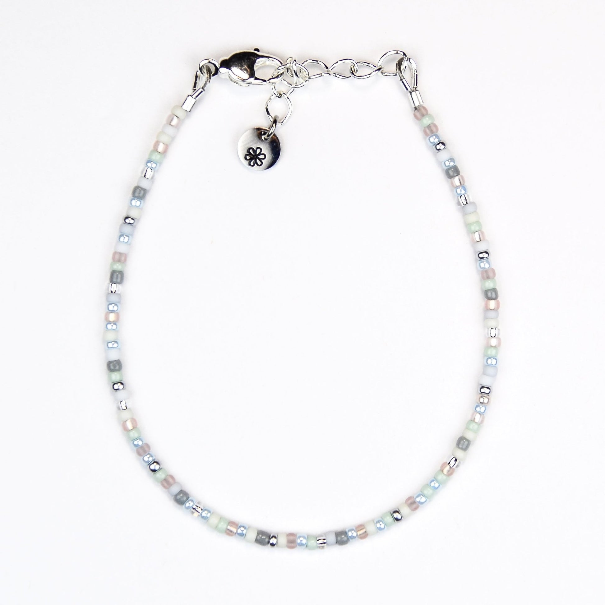 Dainty bracelet - Pale blue, white and silver seed bead bracelet - creations by cherie