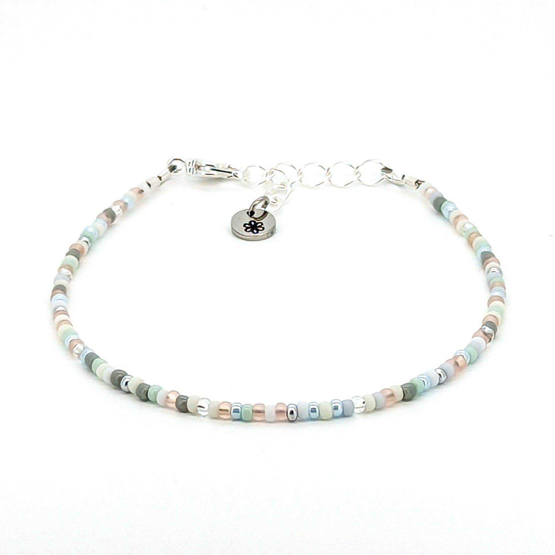 Dainty bracelet - Pale blue, white and silver seed bead bracelet - creations by cherie