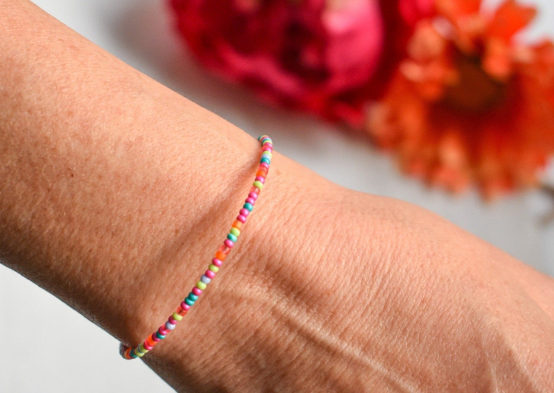 Dainty bracelet - Pink, Blue, Orange and Green seed bead bracelet - creations by cherie