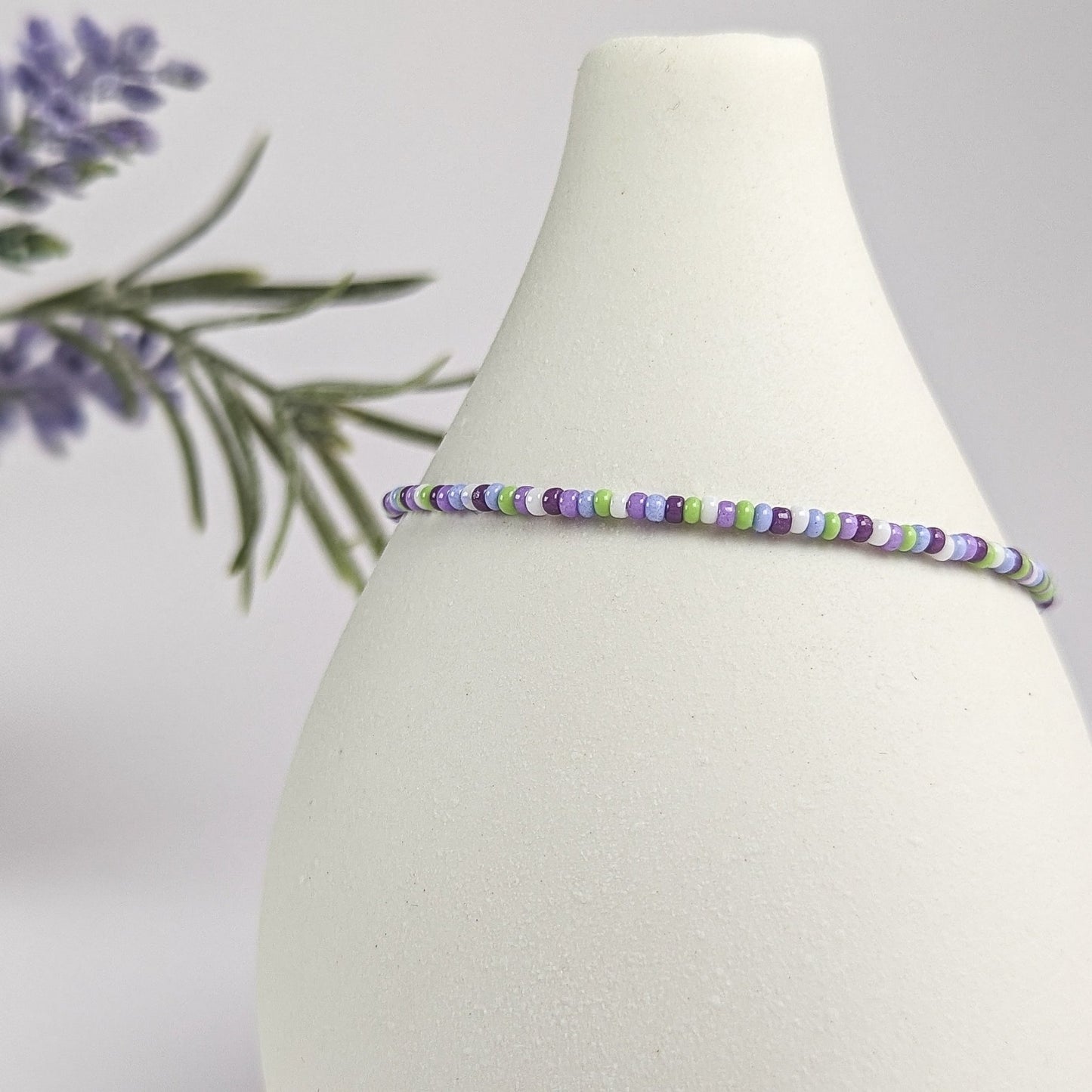 Dainty bracelet - purple, green and white seed beads - creations by cherie