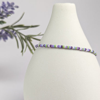 Dainty bracelet - purple, green and white seed beads - creations by cherie