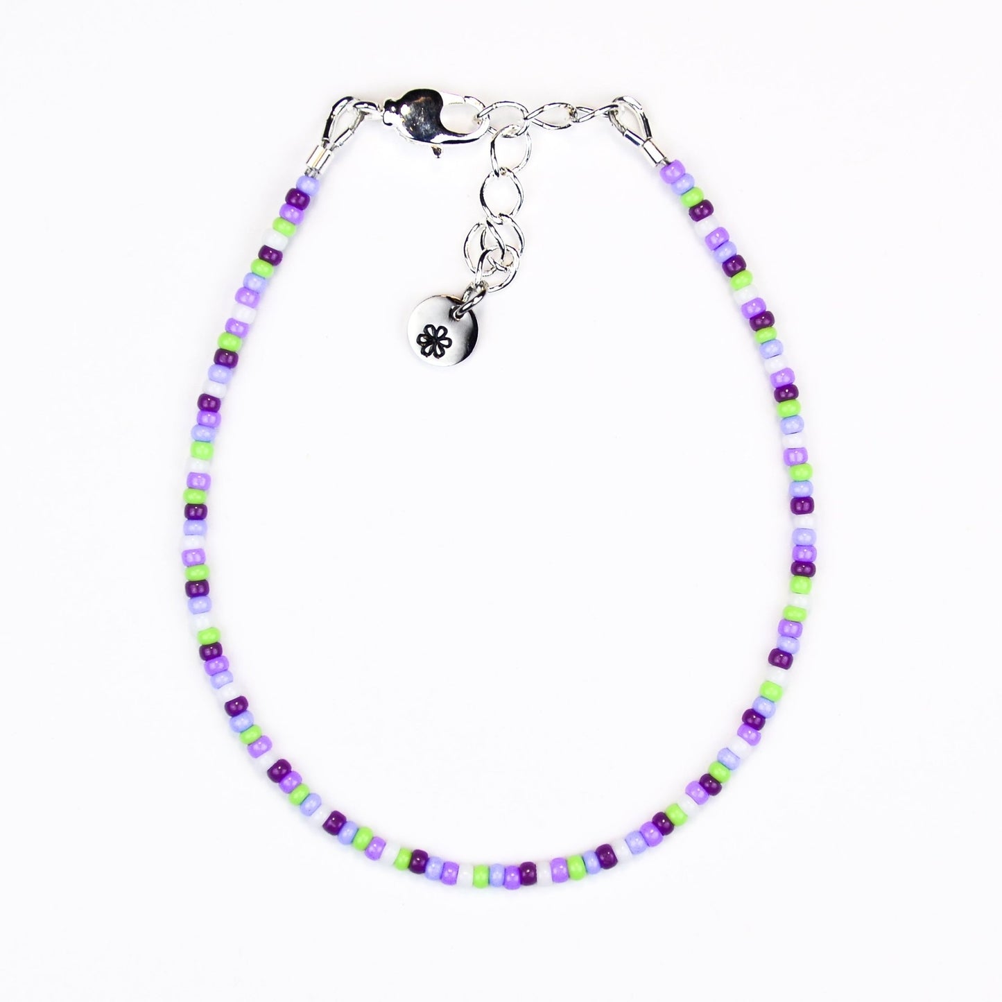 Dainty bracelet - purple, green and white seed beads - creations by cherie