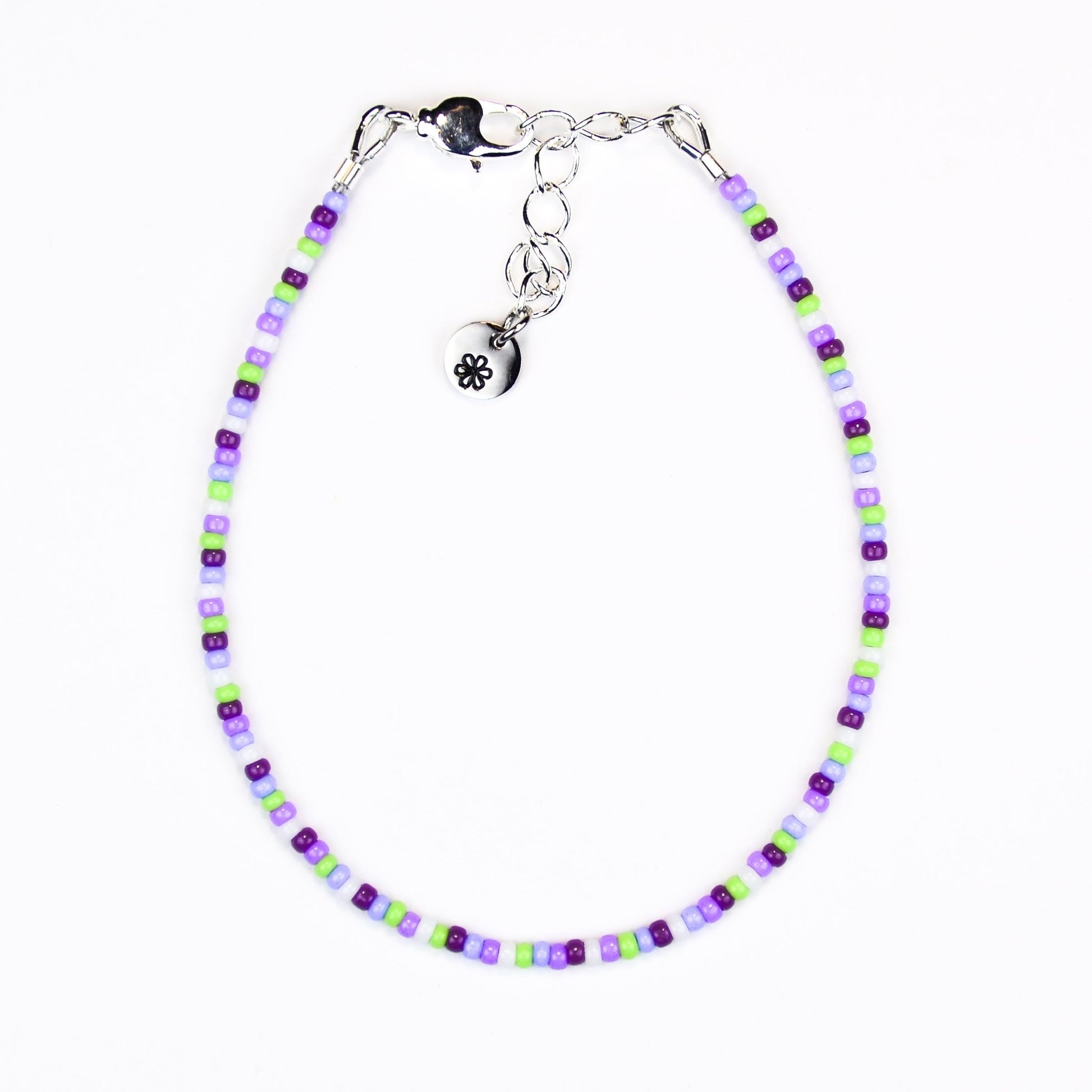 Dainty bracelet - purple, green and white seed beads - creations by cherie