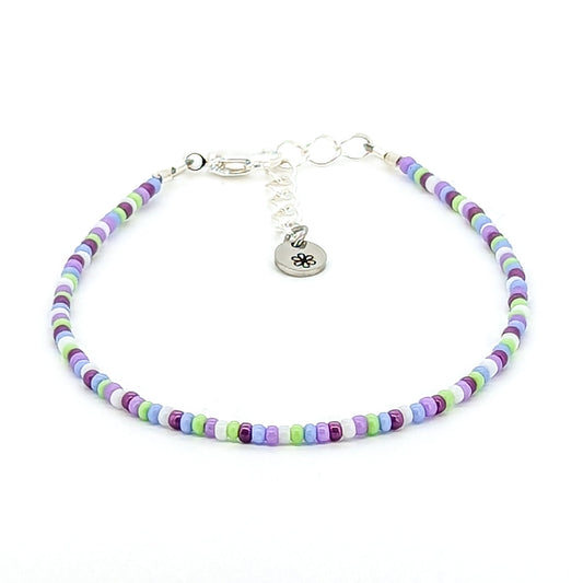Dainty bracelet - purple, green and white seed beads - creations by cherie