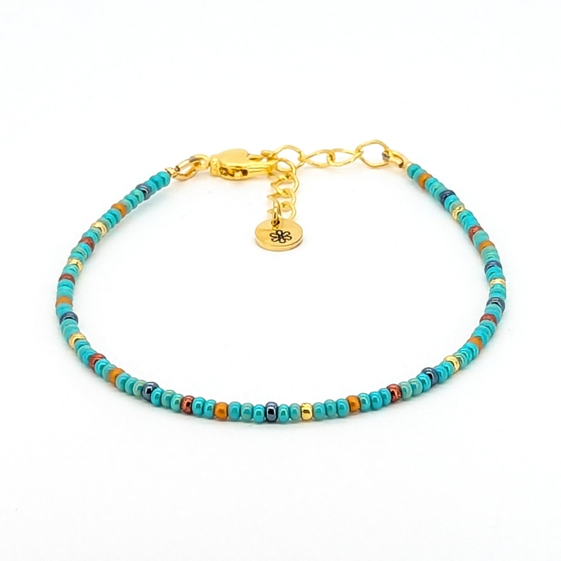 Dainty bracelet - turquoise, gold and copper glass seed beads