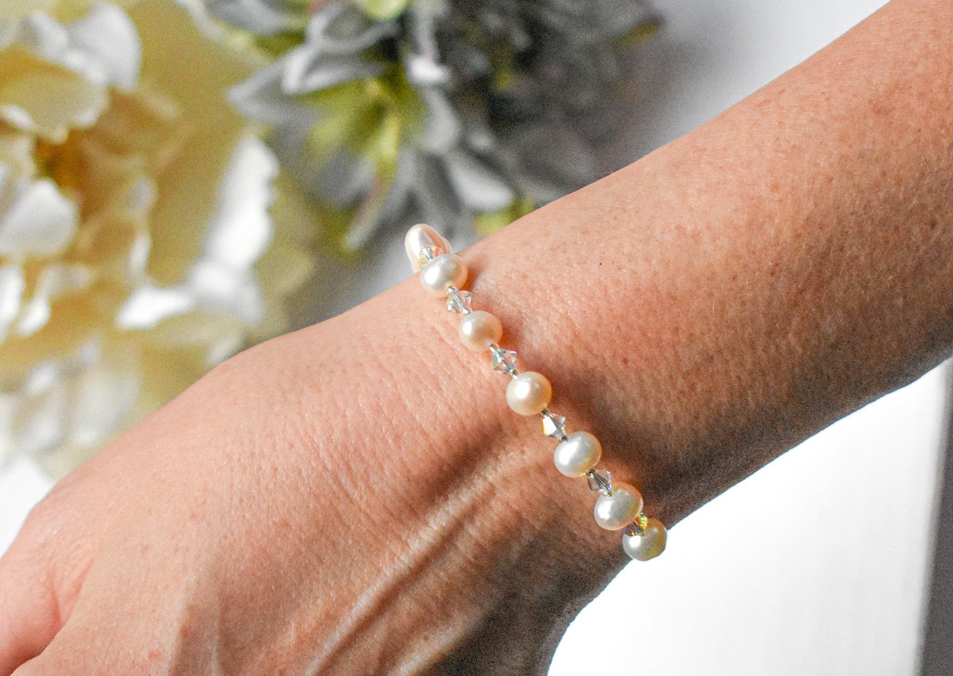 Fresh water pearl and crystal bicone handmade bracelet - creations by cherie