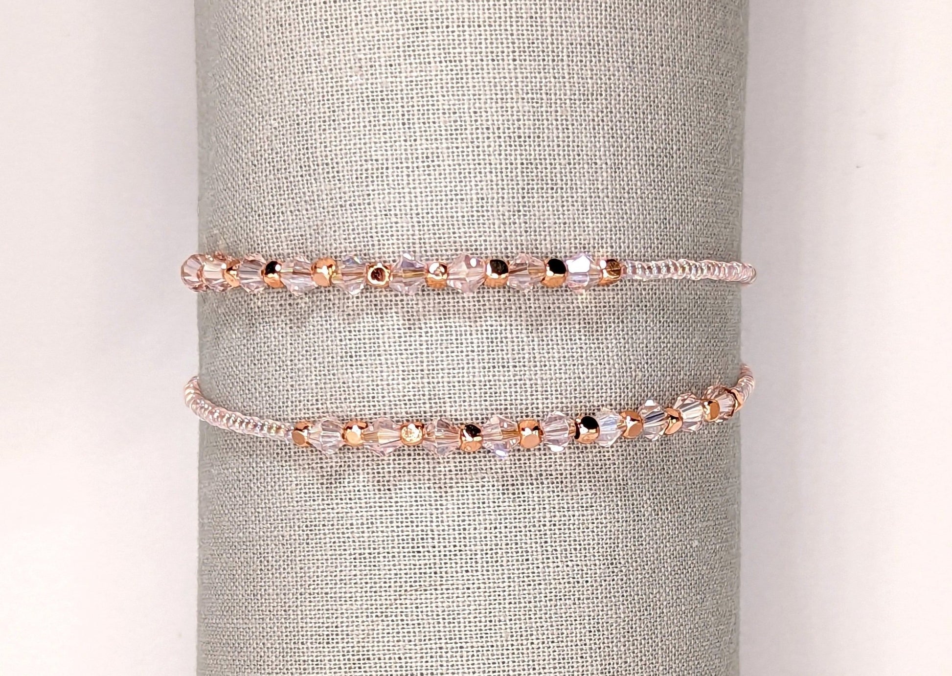 Pink bicone crystal and seed bead double wrap handmade bracelet - creations by cherie