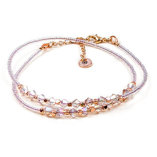 Pink bicone crystal and seed bead double wrap handmade bracelet - creations by cherie