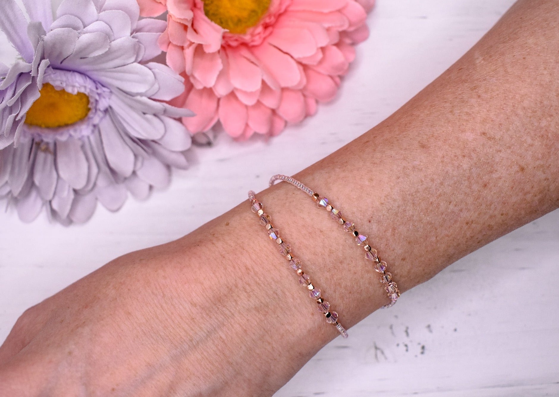 Pink bicone crystal and seed bead double wrap handmade bracelet