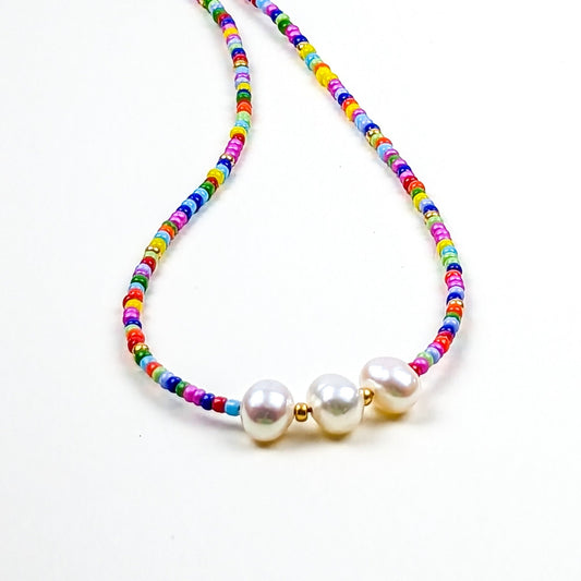 Rainbow seed bead and fresh water pearl choker - creations by cherie