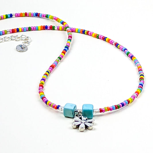 Rainbow seed bead and pewter flower charm choker - creations by cherie
