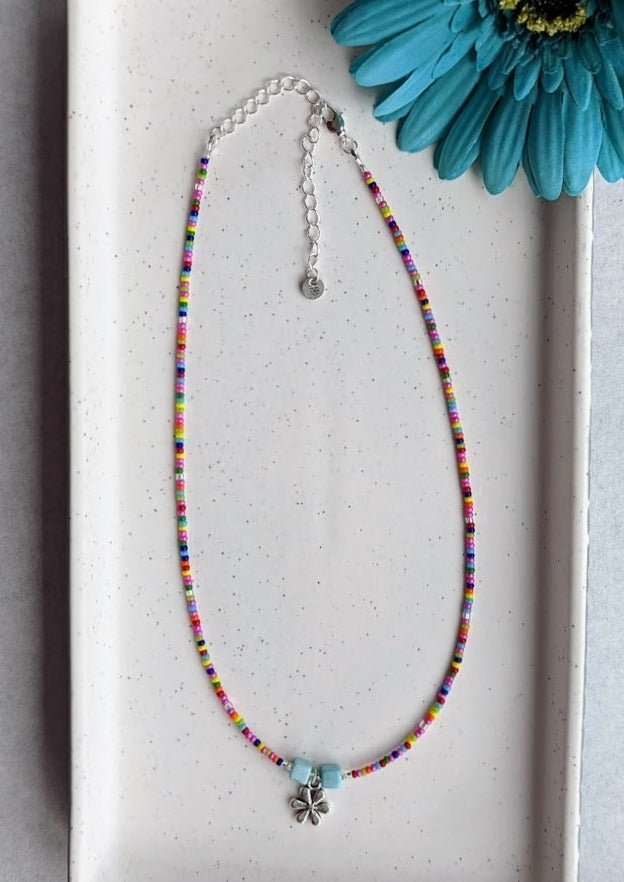 Rainbow Beaded Flower Necklace