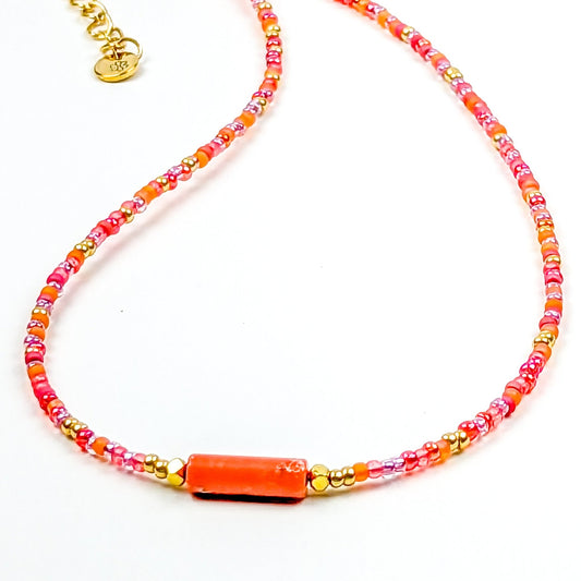 Tangerine and gold seed bead choker with jasper bar bead - creations by cherie